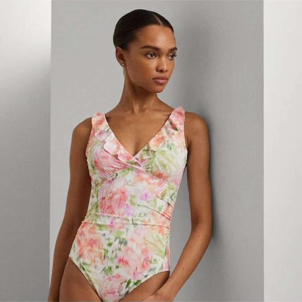 Ralph Lauren Pink Floral Ruffle One-Piece Swimsuit Size 16 | NWT